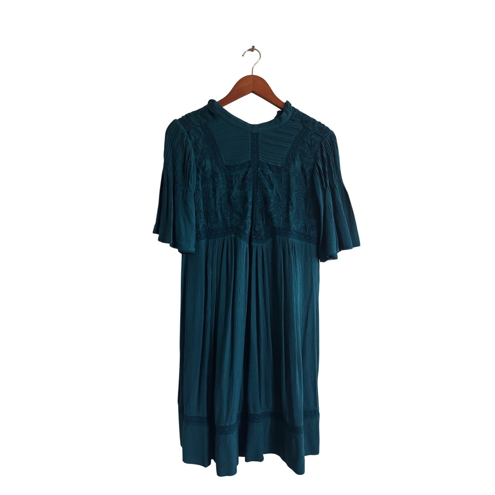 Meadow Rue by Anthropologie Teal Lace Embroidered Mock Neck Flutter Sleeve Dress